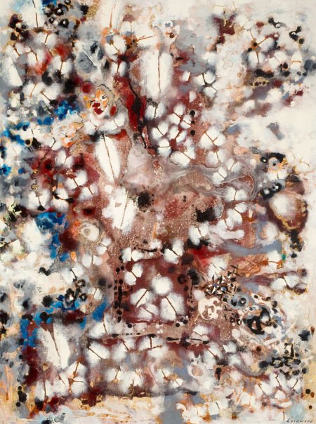 WARD LOCKWOOD (American, 1894-1963) Galaxy Polym: WARD LOCKWOOD (American, 1894-1963) Galaxy Polymer on canvas 40 x 30 inche