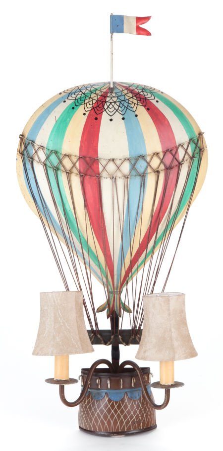 FRENCH PAINTED TOLE TWO-ARM BALLOONING WALL SCON: FRENCH PAINTED TOLE TWO-ARM BALLOONING WALL SCONCE20th century27 inches high (68.6 cm)
