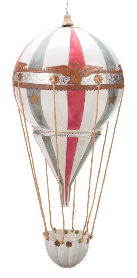 RARE AND LARGE GLASS AND FABRIC BALLOONING CHRIS: RARE AND LARGE GLASS AND FABRIC BALLOONING CHRISTMAS TREE ORNAMENT Circa 1890 12 inches