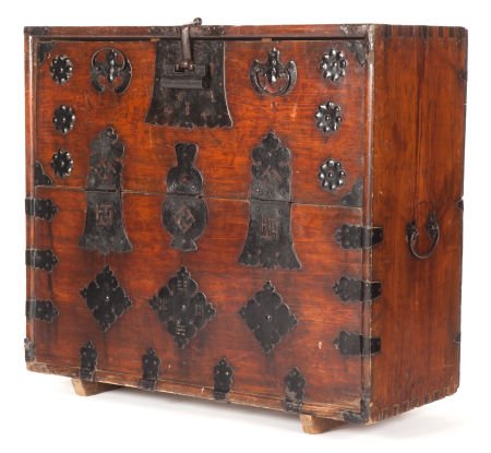 A KOREAN CARVED CHEST WITH IRON MOUNTS 19th cen: A KOREAN CARVED CHEST WITH IRON MOUNTS 19th century 33-1/2 x 37-1/2 x 15-1/2 inche