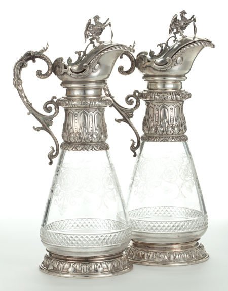 A PAIR OF AUSTRIAN GLASS AND SILVER WINE EWERS : A PAIR OF AUSTRIAN GLASS AND SILVER WINE EWERS Circa 1870 Marks: WC, (