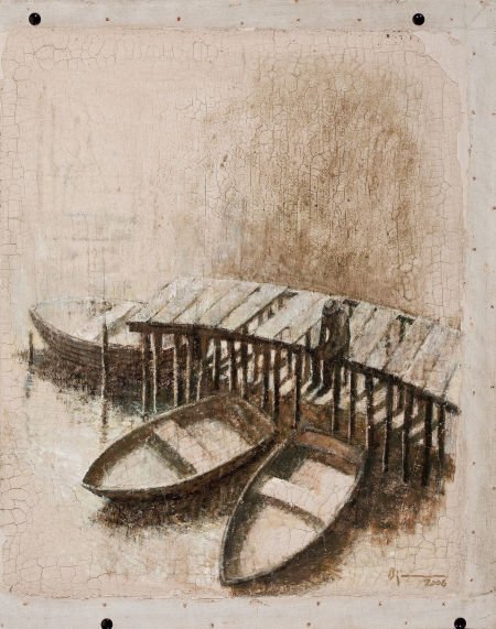HEUSTIN BEJARANO (Cuban, 20th Century) Three Row: HEUSTIN BEJARANO (Cuban, 20th Century) Three Rowboats at Dock, 2006 Oil on ca