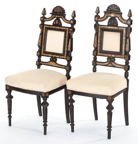 TWO ITALIAN RENAISSANCE REVIVAL EBONIZED WOOD, M: TWO ITALIAN RENAISSANCE REVIVAL EBONIZED WOOD, MOTHER-OF-PEARL AND GILT METAL SIDE CHAIRS 