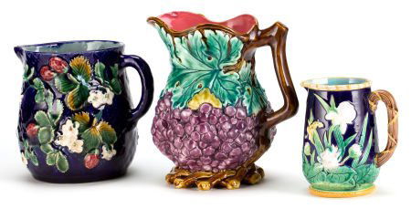 A GEORGE JONES MAJOLICA JUG AND TWO CONTINENTAL: A GEORGE JONES MAJOLICA JUG AND TWO CONTINENTAL JUGS Circa 1880Marks: GJ</