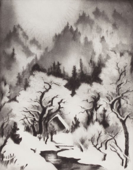 GENE KLOSS (American, 1903-1996) Winter Sunrise,: GENE KLOSS (American, 1903-1996) Winter Sunrise, 1977 Drypoint etching Ima