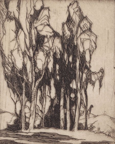 GENE KLOSS (American, 1903-1996) Tree Sketch, 19: GENE KLOSS (American, 1903-1996) Tree Sketch, 1926 Etching Image: 5 x 4 in