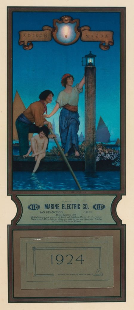 MAXFIELD PARRISH (American, 1870-1966) Venetian: MAXFIELD PARRISH (American, 1870-1966)Venetian Lamplighter, 1924 Edison Mazda calendar