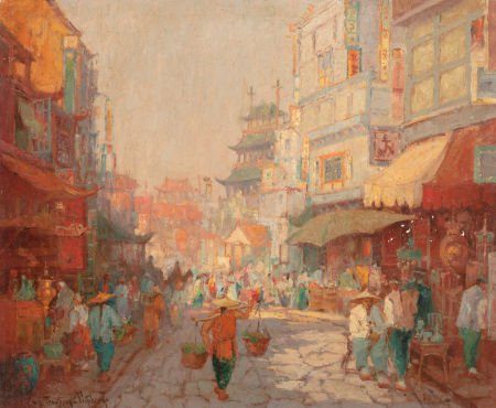 GEORGE THOMPSON PRITCHARD (American, 1878-1962) : GEORGE THOMPSON PRITCHARD (American, 1878-1962) Chinatown Street Scene Oil on