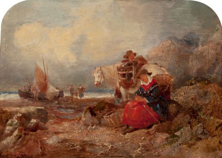 GEORGE TURNER (British, 1843-1910) Fisherman and: GEORGE TURNER (British, 1843-1910) Fisherman and Wife Loading the Catch on a Rocky Beach
