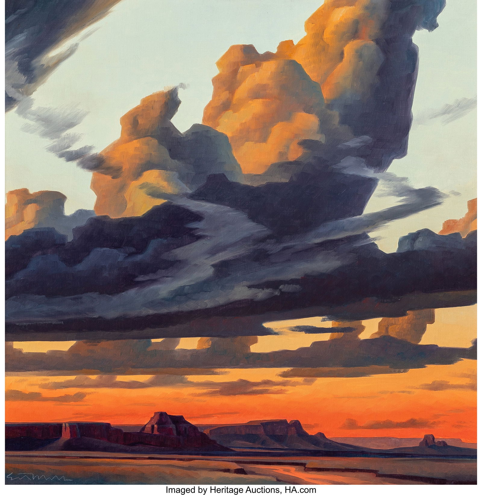 Ed Mell (American, 1942-2024) Drifting Clouds at: Ed Mell (American, 1942-2024) Drifting Clouds at Sunset Oil on canvas 20 x 20 inches (50.8 x 50.8 cm) Signed lower left: Ed Mell Bears inscription on the