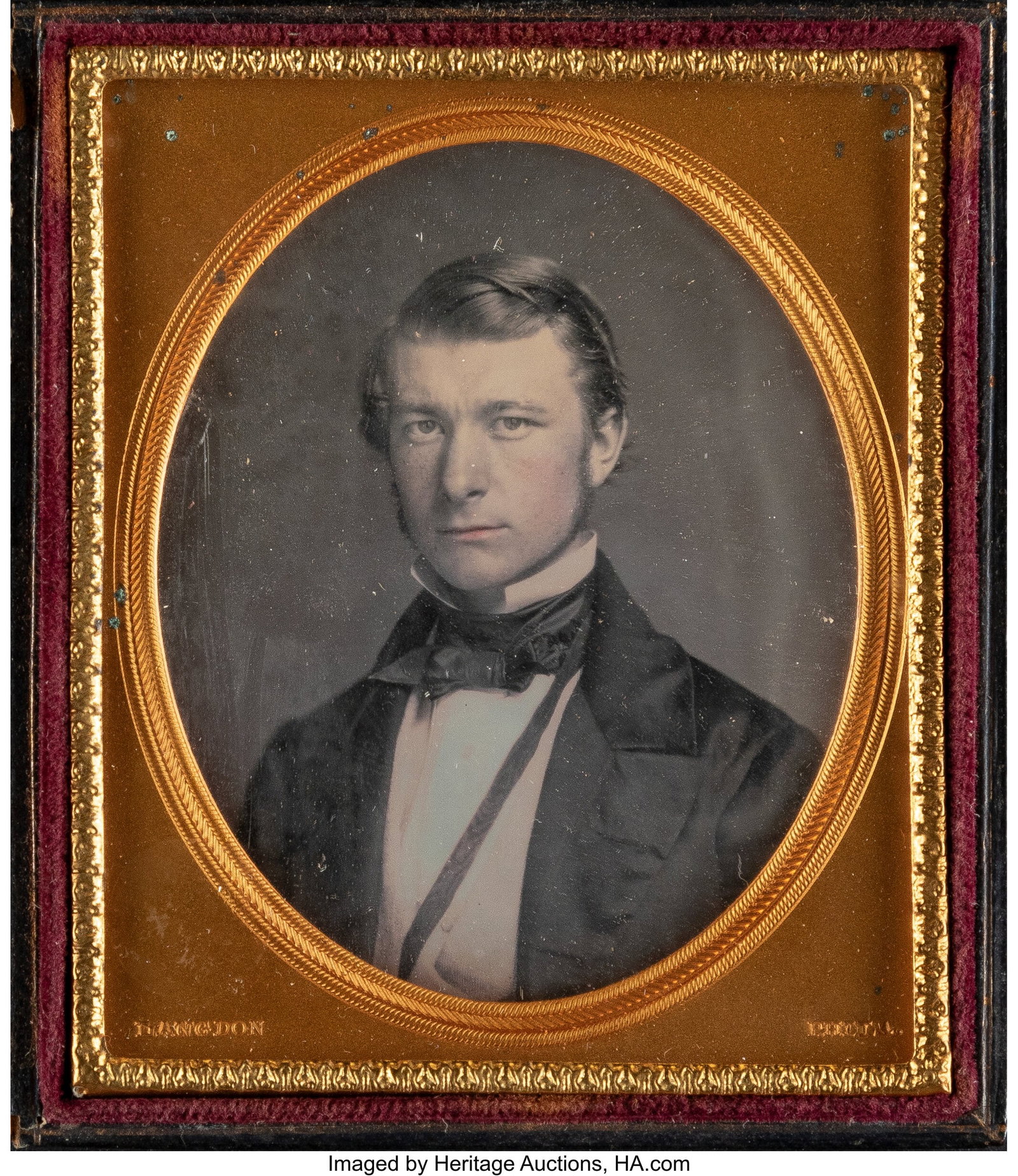 Various Daguerreotypists (mid-19th Century) Four: Various Daguerreotypists (mid-19th Century) Four 1/6-plate Daguerreotype Portraits of Men, 1850s Comprising: A portrait with an oval brass mat stamped "Langdon, Phil'a"