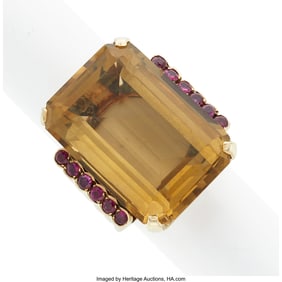75053: Retro Citrine, Ruby, Gold Ring  Stones: Emerald-