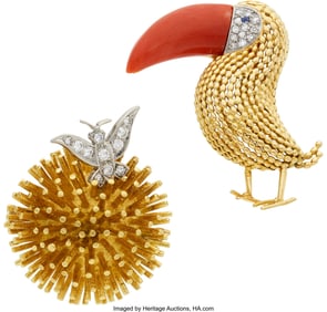 75029: Coral, Diamond, Sapphire, Gold Jewelry, French