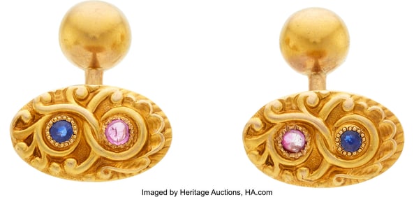 75030: Sapphire, Gold Cuff Links  Stones: Round-shaped