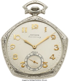 54315: Gruen Rare 50th Anniversary Gold Pocket Watch, c