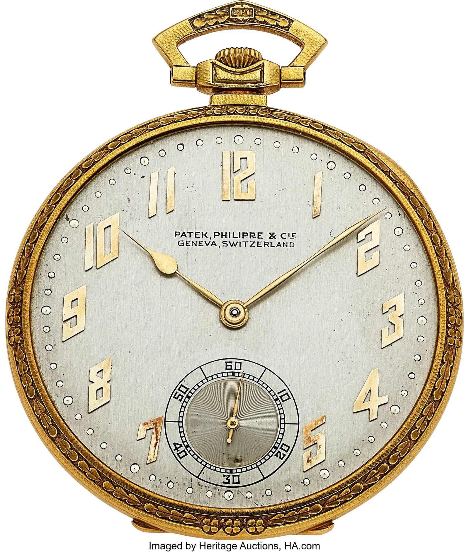 Patek Philippe, 18k Yellow Gold Open-Face, Engra: Patek Philippe, 18k Yellow Gold Open-Face, Engraved Case, Circa 1927 with Chain Case: 44 mm, 18k yellow gold, 63.5 grams gross weight of 18k watch and 14k ch