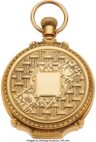 54324: Elgin, Fancy Dial 18k Gold Box Hinge Hunter, Con