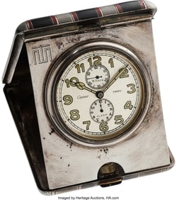 54342: Cartier, Silver and Enamel Travel Clock Circa 19