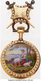 54267: Swiss, Enamel And Pearl 18k Gold Pendant Watch,