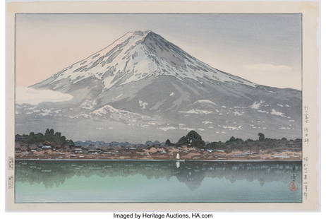 Tsuchiya Koitsu (Japanese, 1870-1949) Morning Fu: Tsuchiya Koitsu (Japanese, 1870-1949) Morning Fuji from Lake Kawaguchi (Asa no Fuji, Kawaguchi-ko), Showa 11 October (1936) Woodblock print 11-1/8