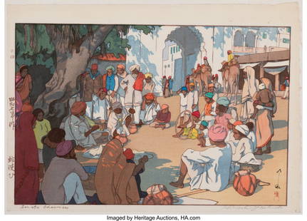 Yoshida Hiroshi (Japanese, 1876-1950) Snake Char: Yoshida Hiroshi (Japanese, 1876-1950) Snake Charmers (Hebizukai), Showa 7 (1932) Woodblock print 11-1/4 x 16 inches (28.6 x 40.6