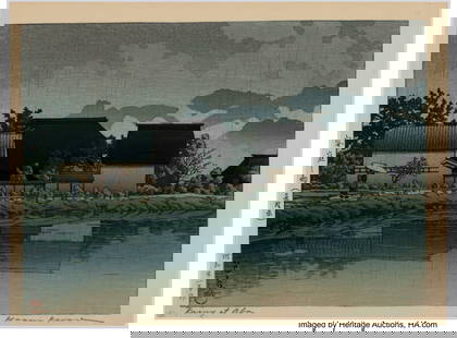 25022: Kawase Hasui (Japanese, 1883-1957) Rain at Yasun: Kawase Hasui (Japanese, 1883-1957) Rain at Yasuniwa, Nagano Prefecture (Yasuniwa no ame, Nagano ken), Showa 21 (1946) Woodblock print 10-5/8