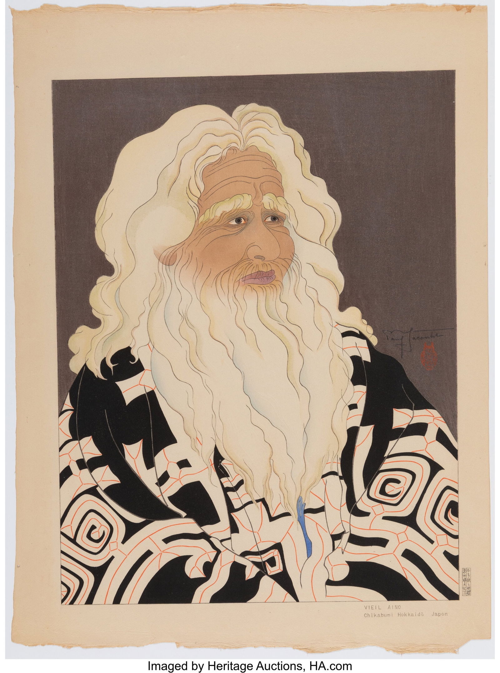 Paul Jacoulet (French, 1902-1960) Vieil Aino, Ch: Paul Jacoulet (French, 1902-1960) Vieil Aino, Chikabumi, Hokkaido, Japon, 1950 Woodblock print embellished with mica to recto and verso 18-3/4 x 14 inches &