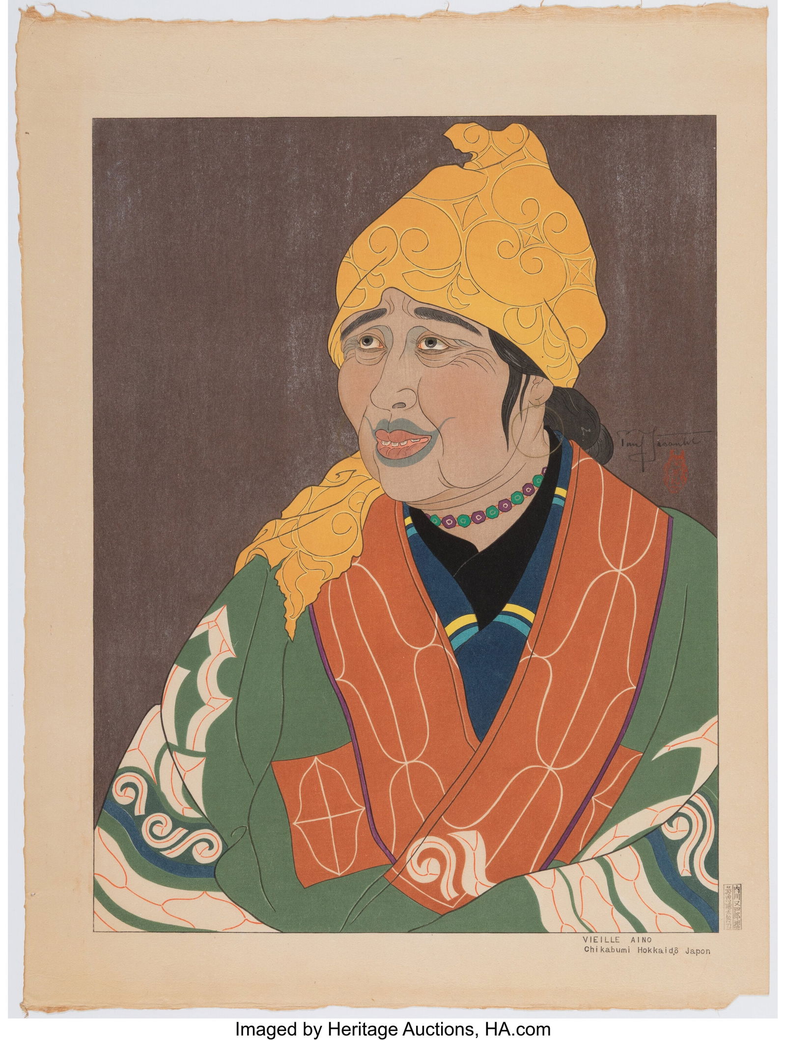 Paul Jacoulet (French, 1902-1960) Vieille Aino -: Paul Jacoulet (French, 1902-1960) Vieille Aino - Chikabumi Hokkaido Japon, c. 1950s Woodblock print embellished with mica 18-3/4 x 14 inches (47.6 x 35&per