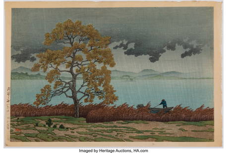 Kawase Hasui (Japanese, 1883-1957) Lakeside Show: Kawase Hasui (Japanese, 1883-1957) Lakeside Shower, Matsue, Showa 7 (1932) February Woodblock print 10-3/8 x 15-1/8 inches (26.4 x