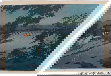 Yoshida Hiroshi (Japanese, 1876-1950) Evening on: Yoshida Hiroshi (Japanese, 1876-1950) Evening on the Chikugo River, Hita (Hita Chikagogawa no yoru), Showa 2 (1927) Woodblock print 10-3/4 x 16