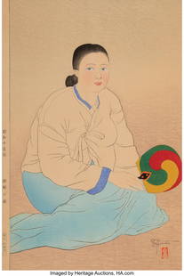 Paul Jacoulet (French, 1902-1960) A Corean Girl,: Paul Jacoulet (French, 1902-1960) A Corean Girl, Showa 12 (1935) Woodblock print 16-1/2 x 10-3/4 inches (41.9 x 27.3 cm) (sheet, oban) Edition seal to verso: 90/200 Signed: Paul Jacoulet, with
