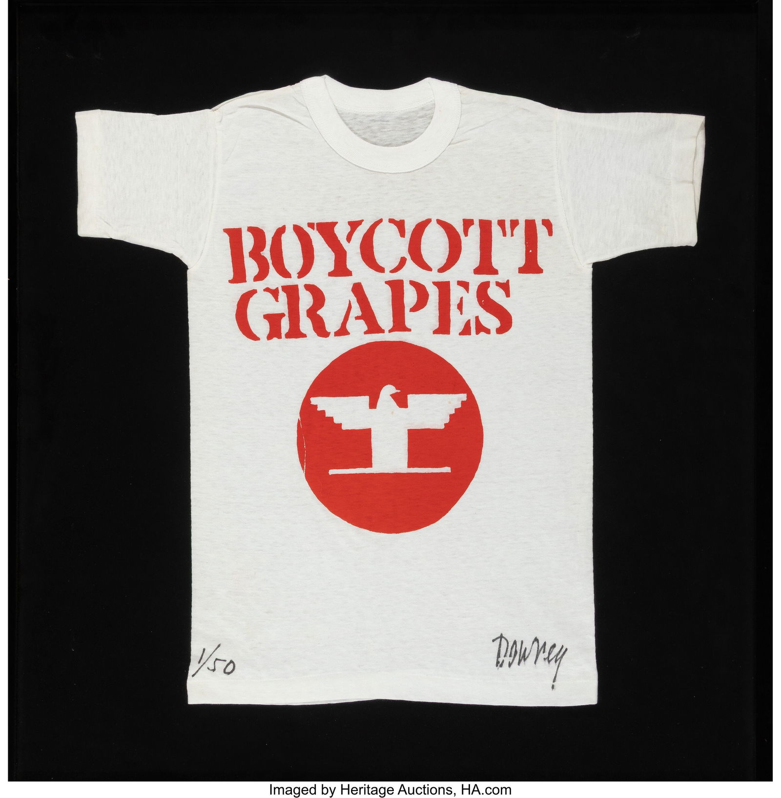 Juan Downey (Chilean, 1940) Boycott Grapes, 1969: Juan Downey (Chilean, 1940) Boycott Grapes, 1969 Screenprint on shirt 30-1/2 x 33 inches (77.5 x 83.8 cm) (sight) Ed. 1/50 Signed