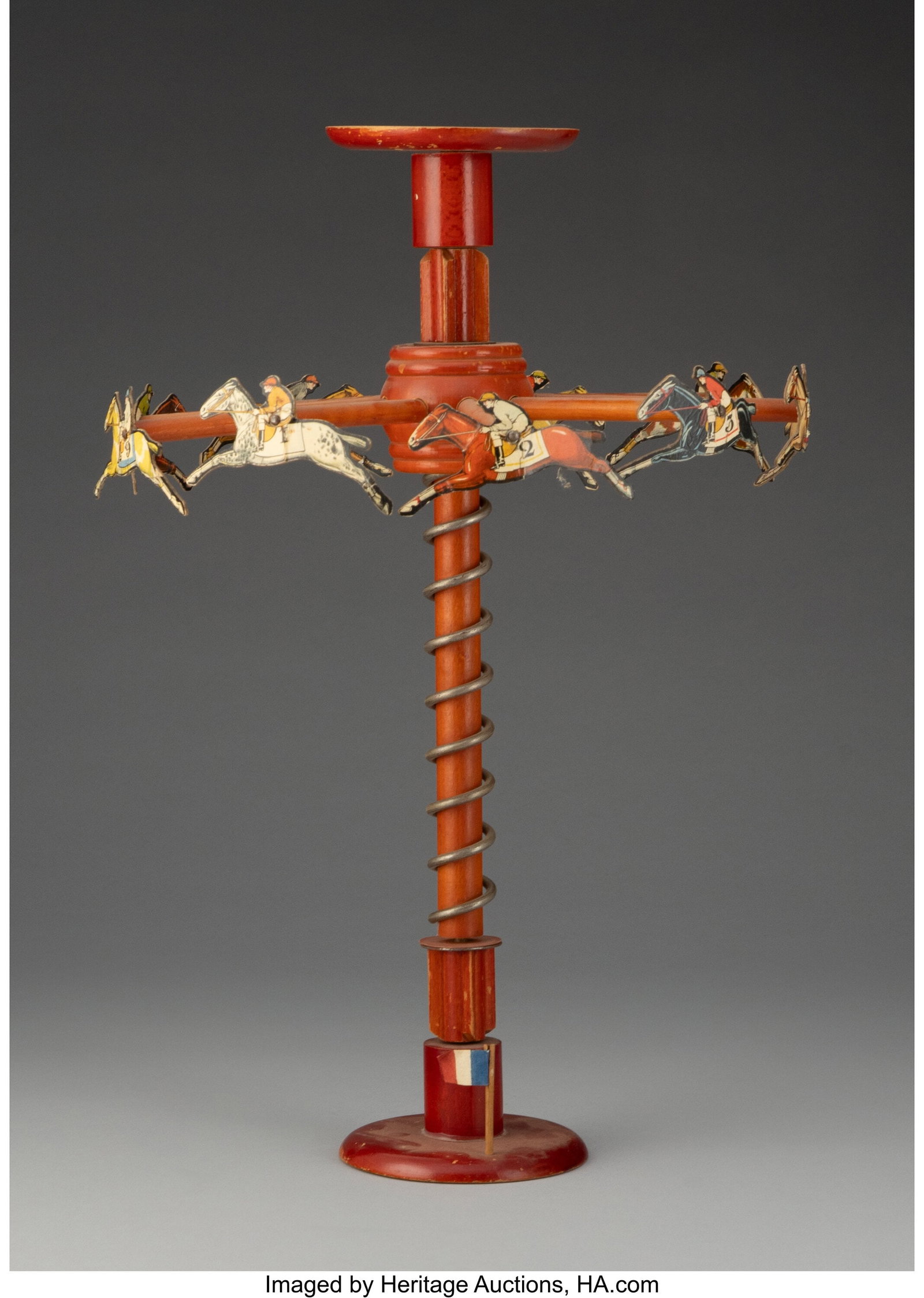 A French Polychrome Carved Wood and Mixed Media : A French Polychrome Carved Wood and Mixed Media Horse Race Toy 17-3/4 x 11-3/4 inches (45.1 x 29.8 cm) PROVENANCE: Sotheby's, 2002; Acquired from the a