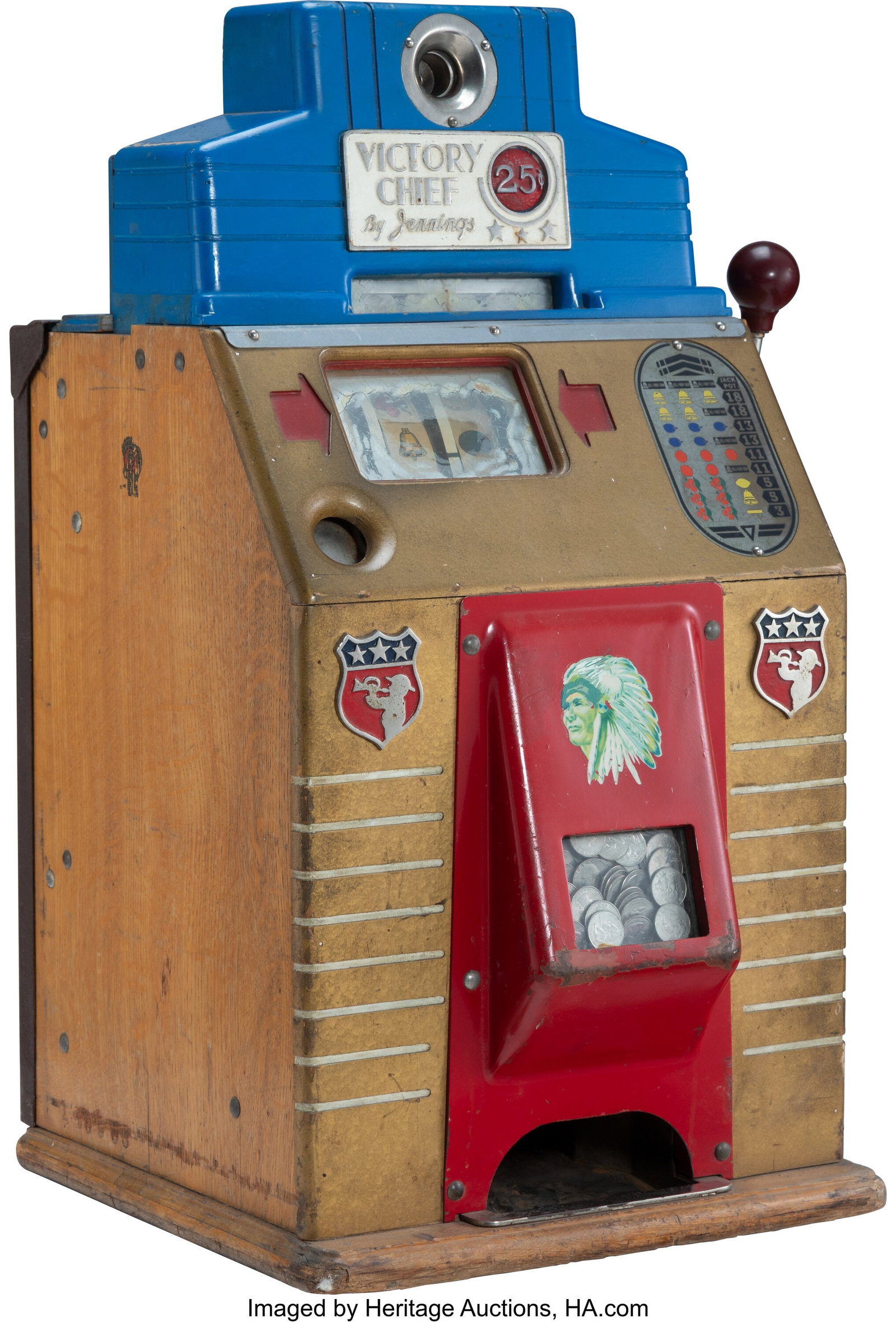 O.D. Jennings & Co. Victory Chief Slot Machine, : O.D. Jennings & Co. Victory Chief Slot Machine, 1942 Marks: Manufacturer label applied to both sides 28 x 16 x 16 inches (71.1 x 40.6 x 40&perio