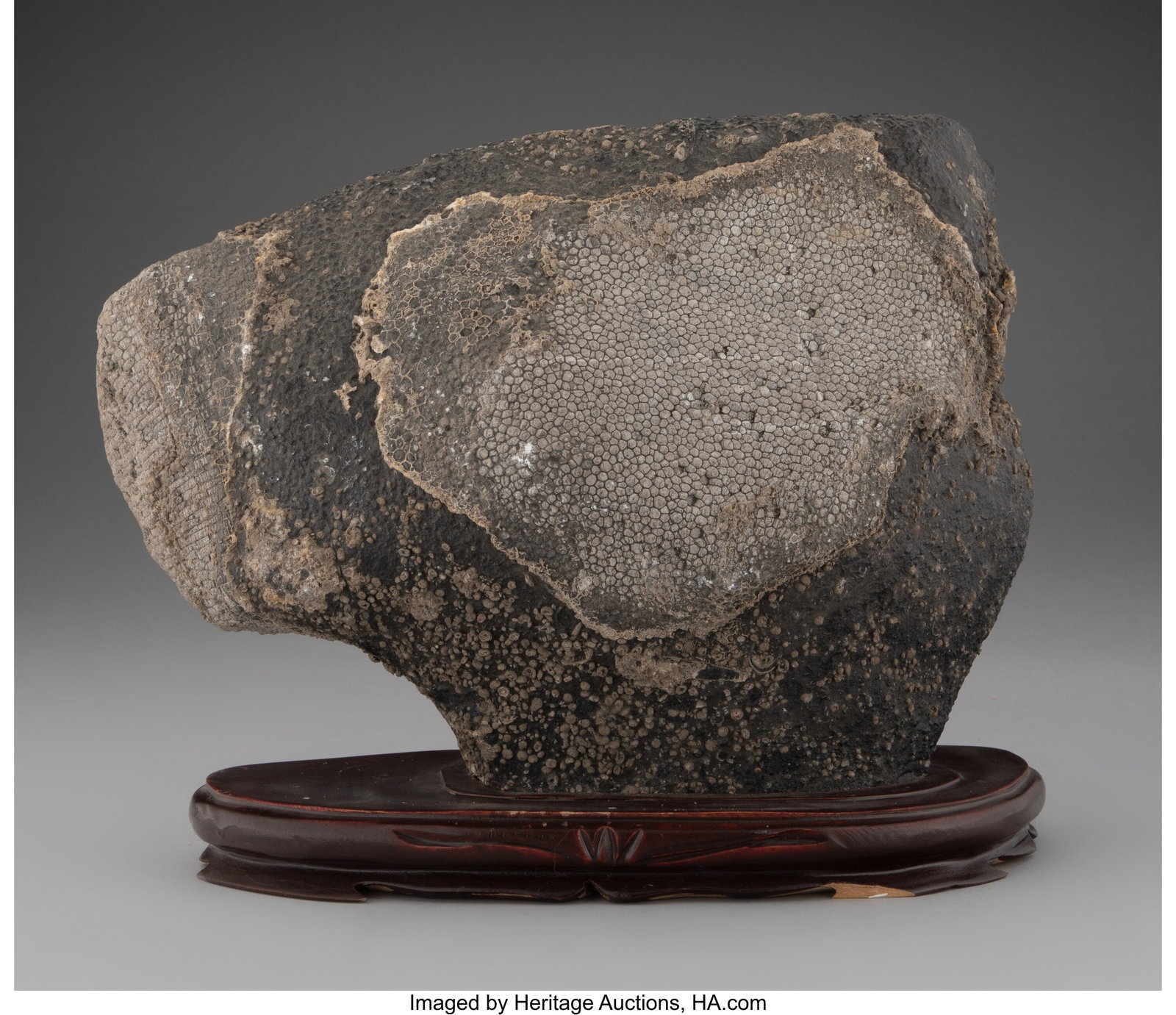 A Scholar's Rock Accompanied by Wood Stand 10-1/: A Scholar's Rock Accompanied by Wood Stand 10-1/2 x 12 x 6 inches (26.7 x 30.5 x 15.2 cm) (overall) Property from the Collection of Frederick H. Sch