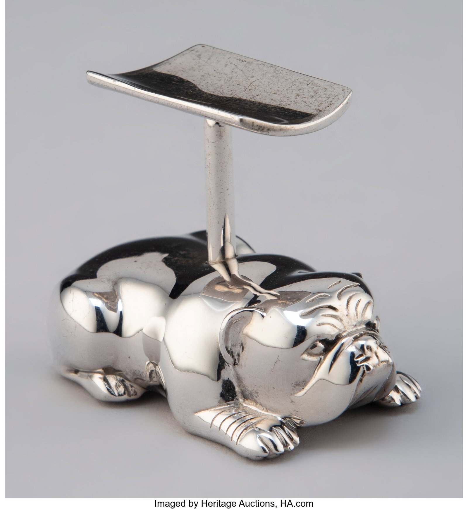 An Arthus Bertrand et Cie. Weighted Silver Bulld: An Arthus Bertrand et Cie. Weighted Silver Bulldog Cigar Rest, Paris, France, 20th century Marks: 925, (Minerva), (AB&Cie-wheel) 1-5&
