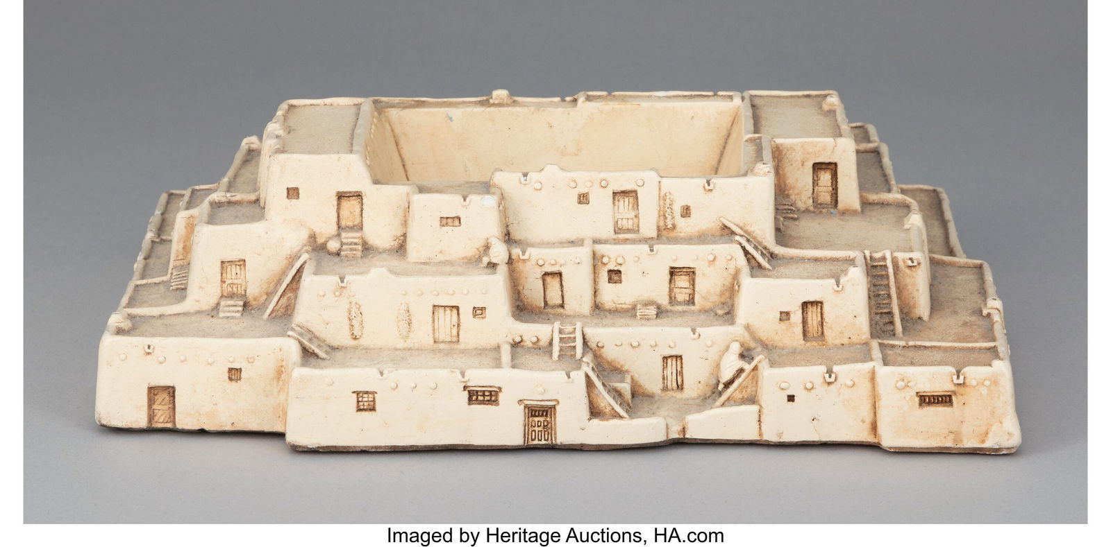 A J.R. Davis Plaster Ashtray in the Form of a Ho: A J.R. Davis Plaster Ashtray in the Form of a Hopi Pueblo Marks: JRD, ©J.R. DAVIS 2-1/2 x 9-1/2 x 6-5/8 inches (6.3 x 24.1 x