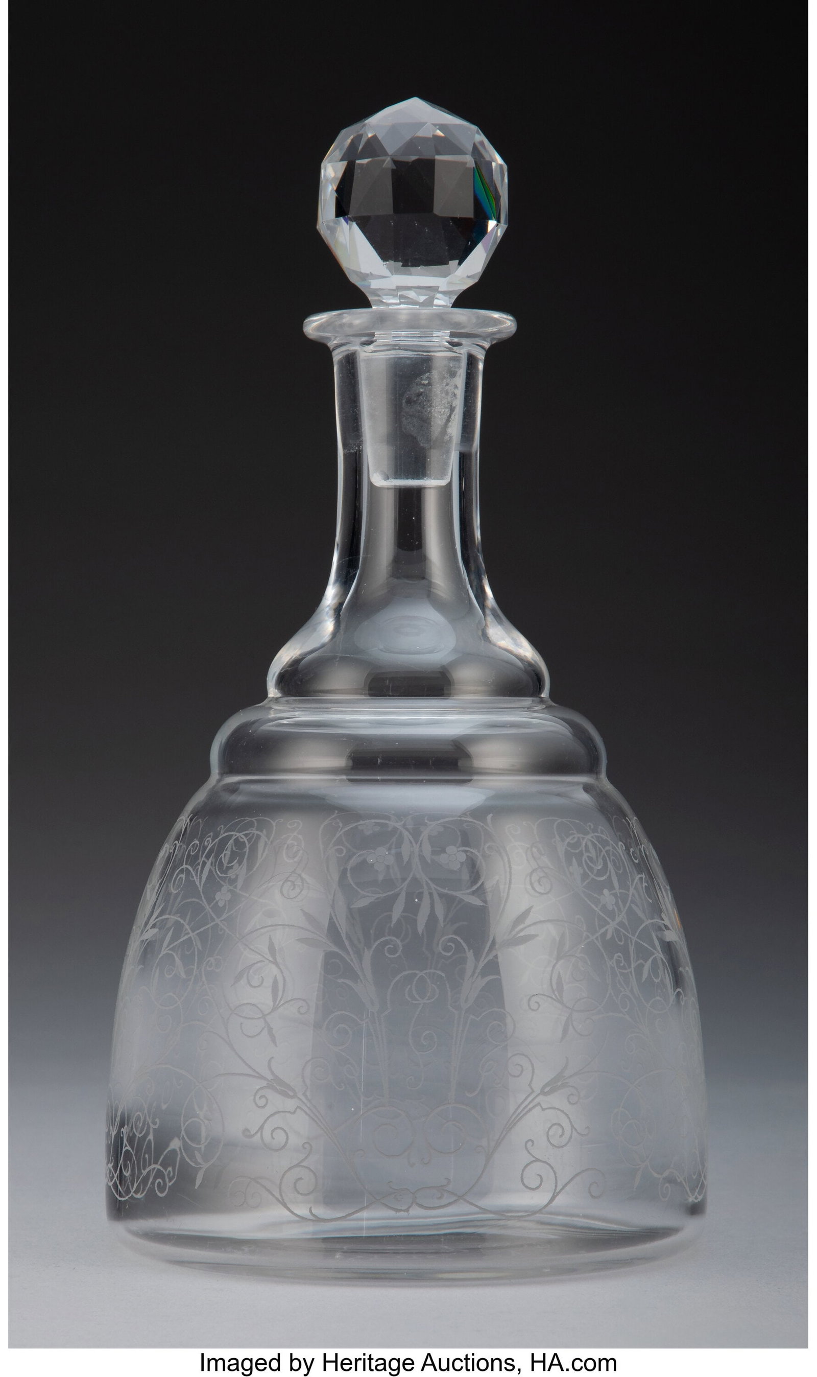 A Baccarat Etched Glass Decanter with Vine Motif: A Baccarat Etched Glass Decanter with Vine Motif Marks: BACCARAT, (goblet-decanter-cup), FRANCE 9-1/2 x 4-7/8 x 4-7/8 inches (24.1 x 12.4 x 1