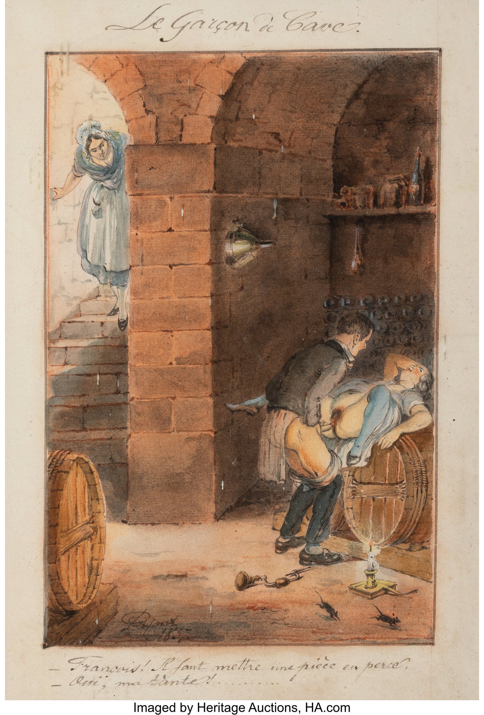 French School (19th Century) Le garçon de cave,: French School (19th Century) Le garçon de cave, 1857 Ink and watercolor on laid paper 12 x 8 inches (30.5 x 20.3 cm) (sight) Indistinguishably 