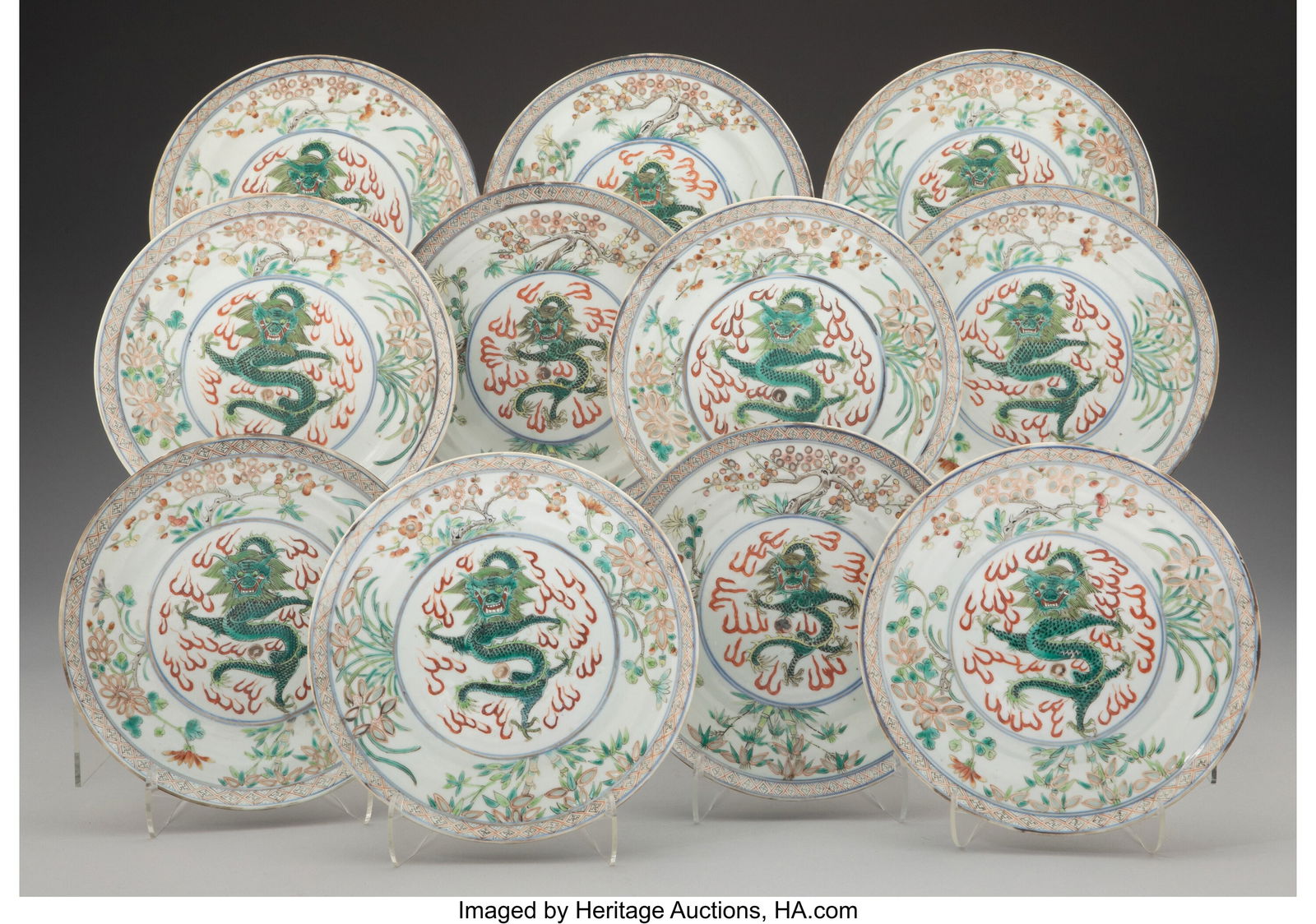 A Set of Eleven Chinese Famille Verre Dragon Pla: A Set of Eleven Chinese Famille Verre Dragon Plates Marks: (various six-character mark) 8 inches (20.3 cm) (each) Property from the Collection of Frederick H