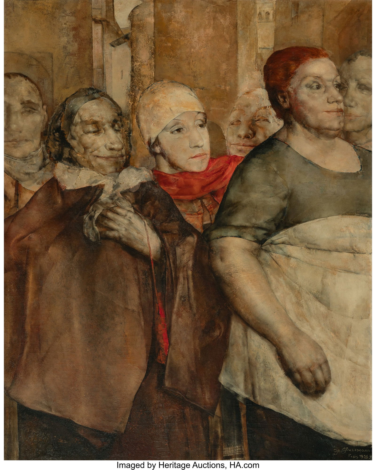 Grigory Gluckmann (Russian, 1898-1973) The spect: Grigory Gluckmann (Russian, 1898-1973) The spectators, 1929 Oil on canvas 36 x 29 inches (91.4 x 73.7 cm) Signed, dated, and inscribed lower r