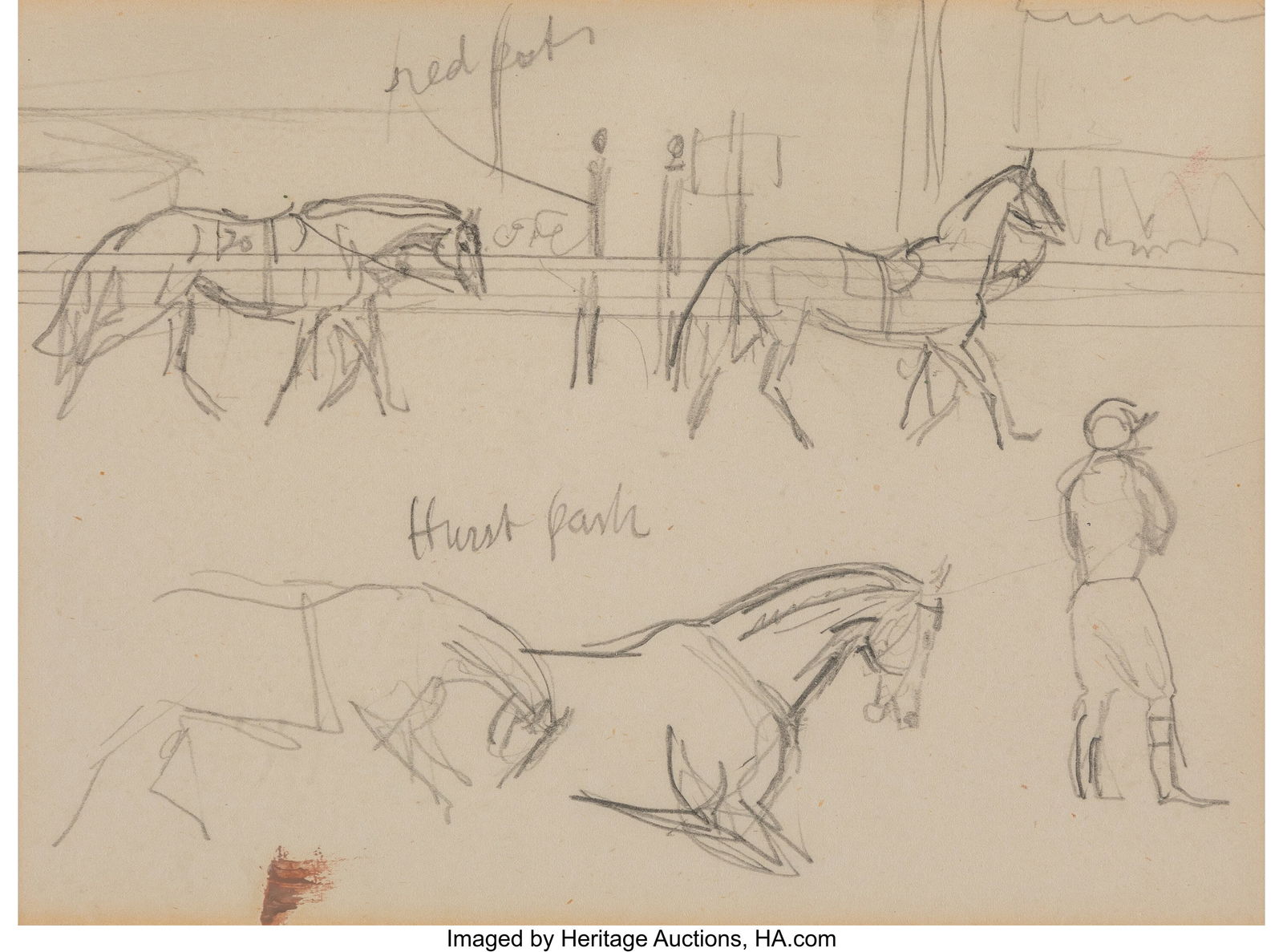 Sir Alfred James Munnings, PRA (British, 1878-19: Sir Alfred James Munnings, PRA (British, 1878-1959) Hurst Park studies (double-sided work) Pencil on paper 4-3/4 x 6-5/8 inches (12.1 x 16.8