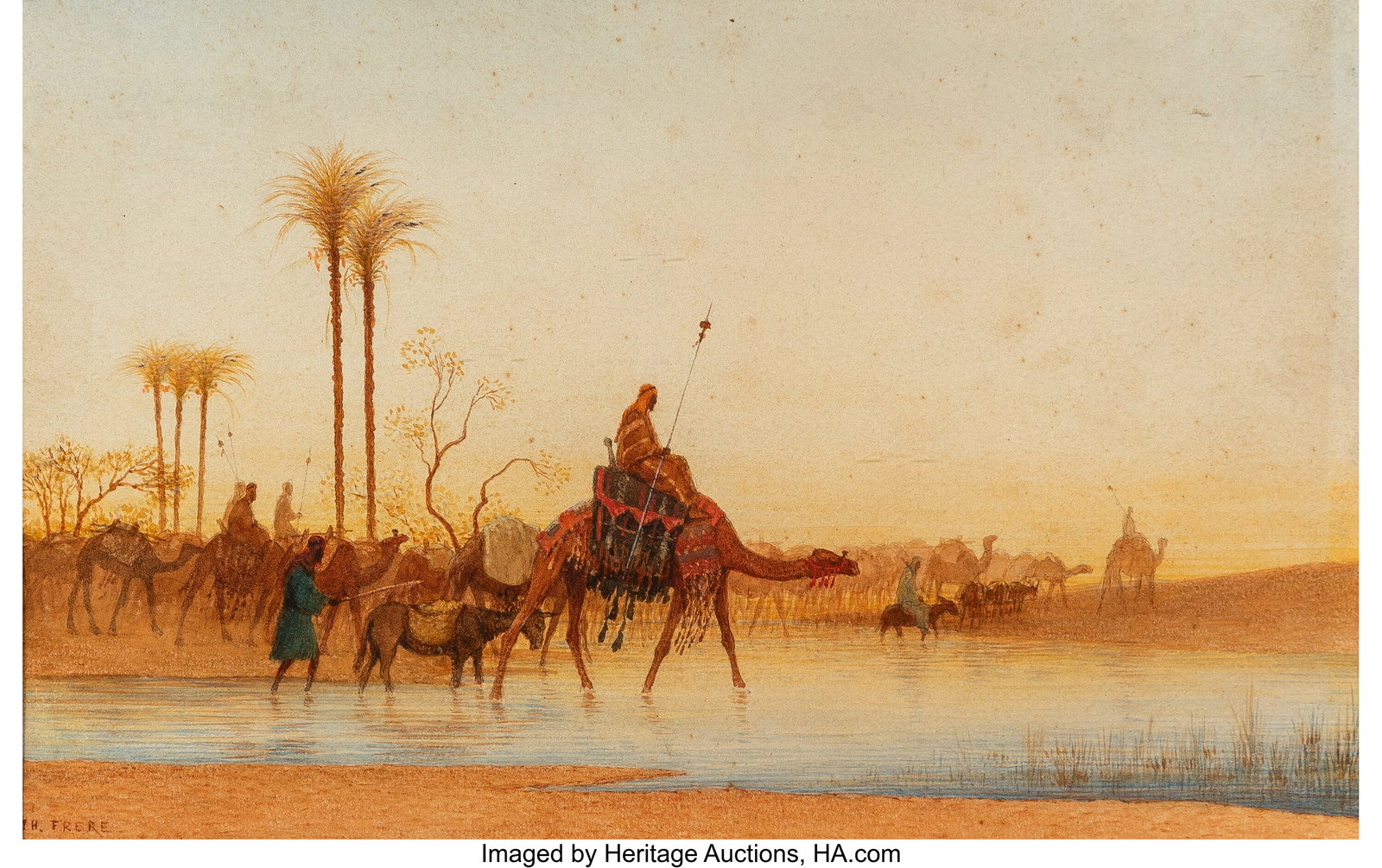 Charles-Théodore Frère (French, 1814-1888) Arr: Charles-Théodore Frère (French, 1814-1888) Arrival of the caravan Watercolor on paper 6-1/2 x 10-1/4 inches (16.5 x 26.0 cm) (sight&r
