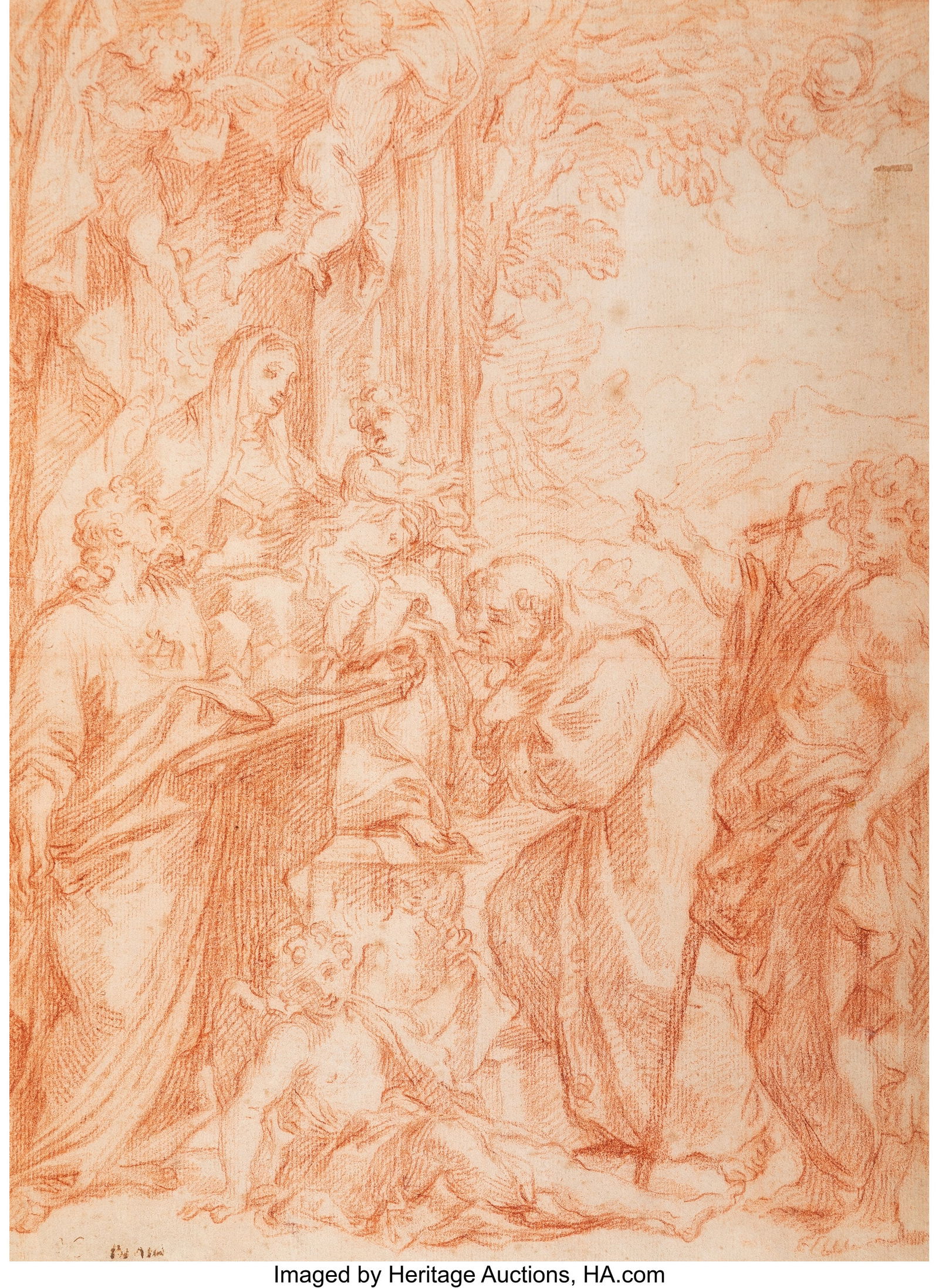 Giuseppe Passeri (Italian, 1654-1714) Madonna an: Giuseppe Passeri (Italian, 1654-1714) Madonna and Child Enthroned with Saints Matthew, Francis, and John the Baptist, after Annibale Carracci Sanguine on laid paper 1