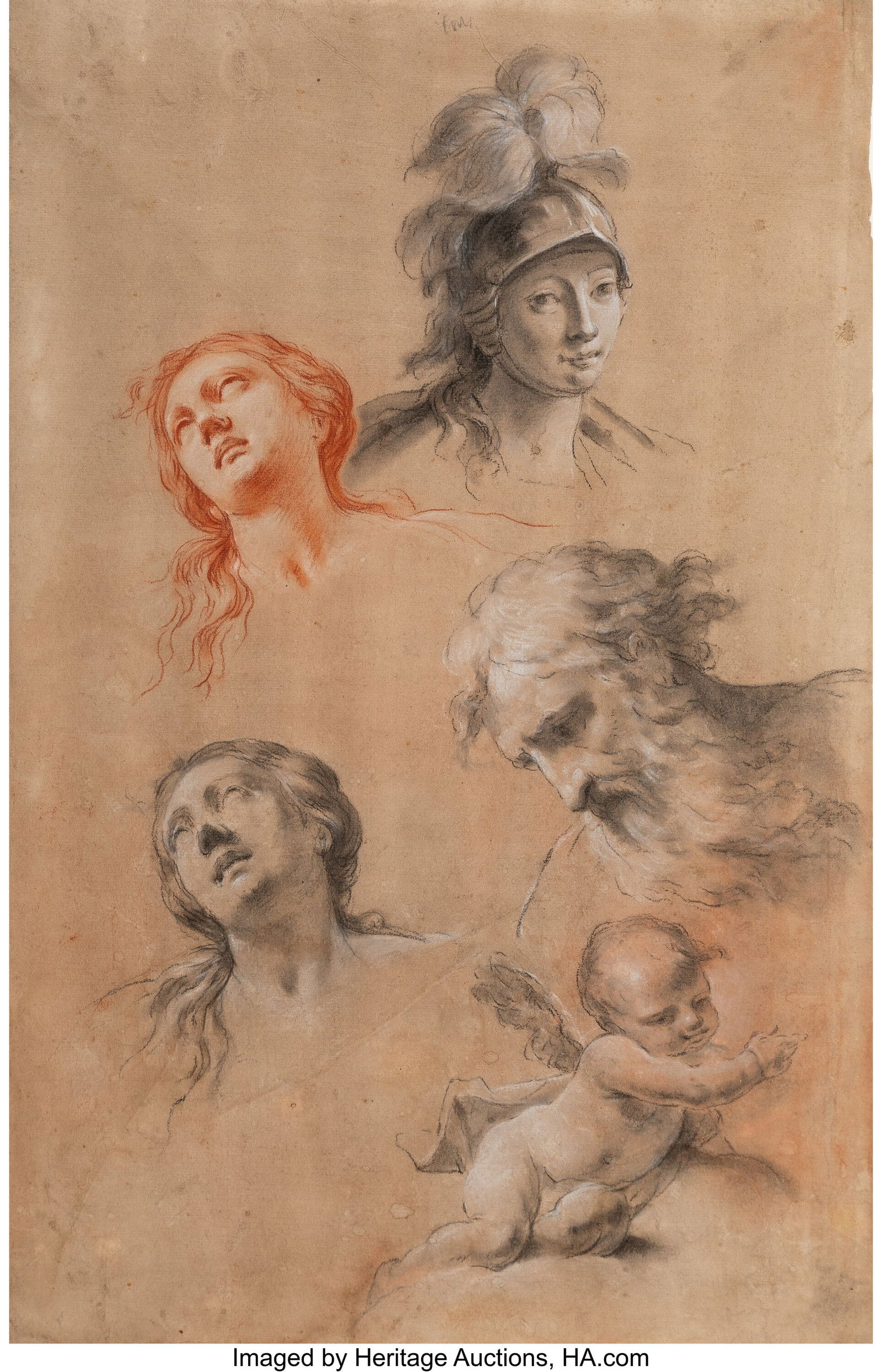 School of Simon Vouet (French, 1590-1649) Studie: School of Simon Vouet (French, 1590-1649) Studies of heads and a putto Sanguine and black chalk heightened with white on tan paper 18-5/8 x 11-3/4 inches (47.3 x 29