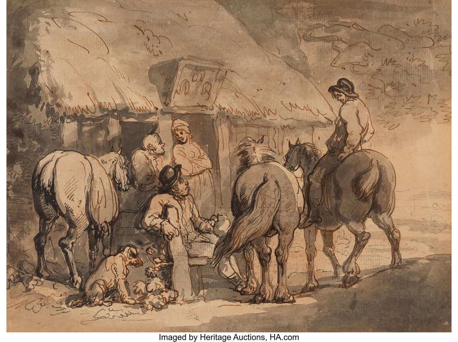 Attributed to Thomas Rowlandson (British, 1756-1: Attributed to Thomas Rowlandson (British, 1756-1827) Figures, horses, and a dog outside a rustic inn, The Three Horseshoes Watercolor and ink on paper 7-1/8 x 9-1