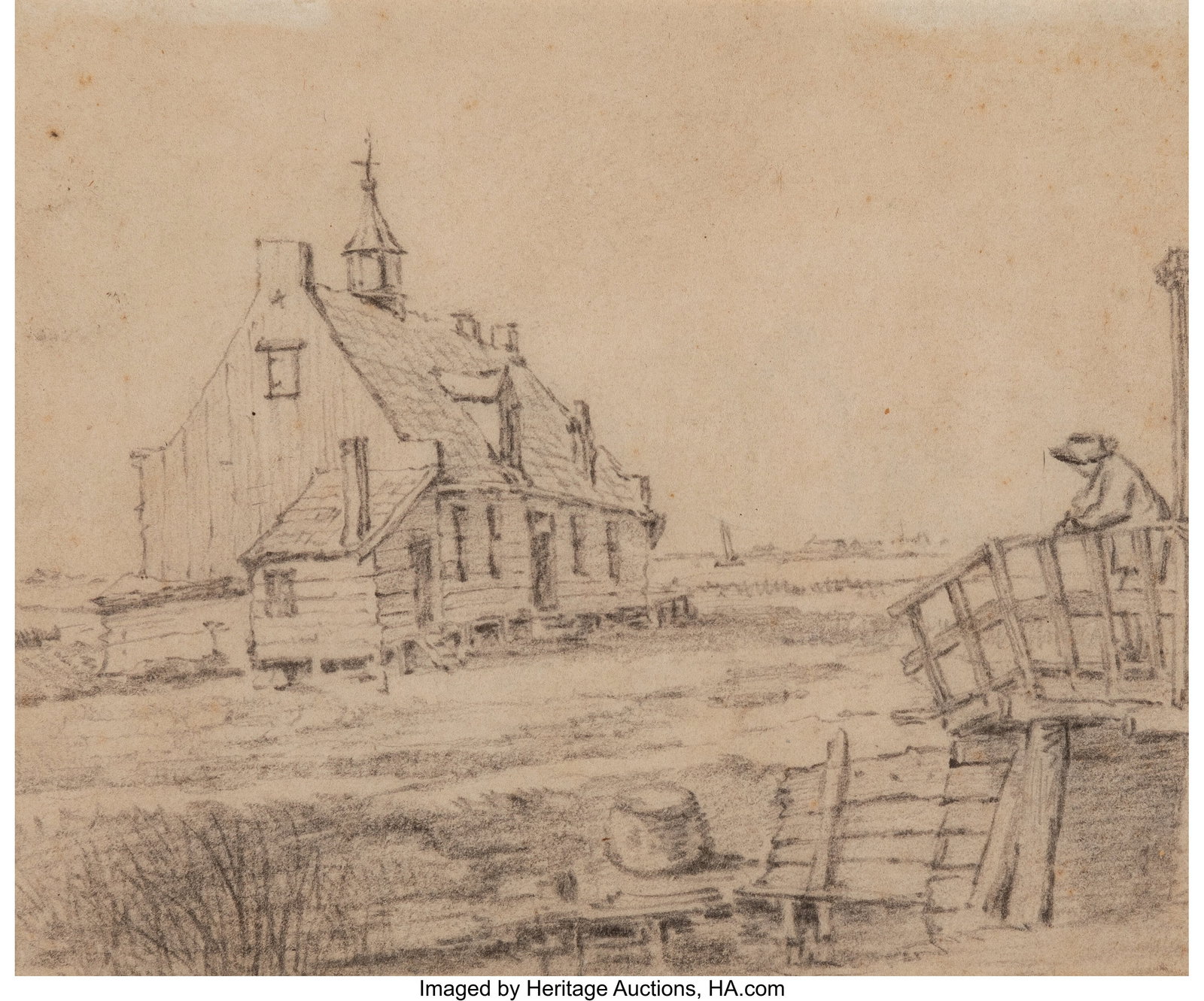 Roelant Roghman (Dutch, 1627-1692) Landscape wit: Roelant Roghman (Dutch, 1627-1692) Landscape with house and a man on a bridge; Houses along a path (double-sided work) Chalk on paper 5-5/8 x 6-7/8 inches (