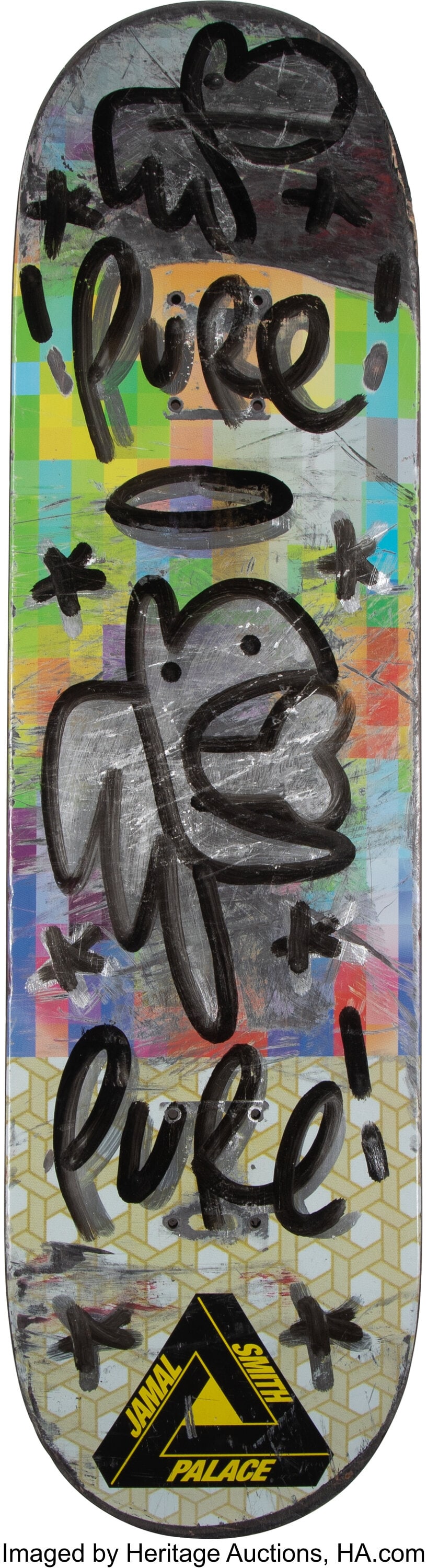 Pure Evil (b. 1968) Untitled Screenprint in colo: Pure Evil (b. 1968) Untitled Screenprint in colors, acrylic, and ink on iridescent vinyl on skate deck 31-1/2 x 8-1/4 inches (80.0 x 21.0 cm&rpa