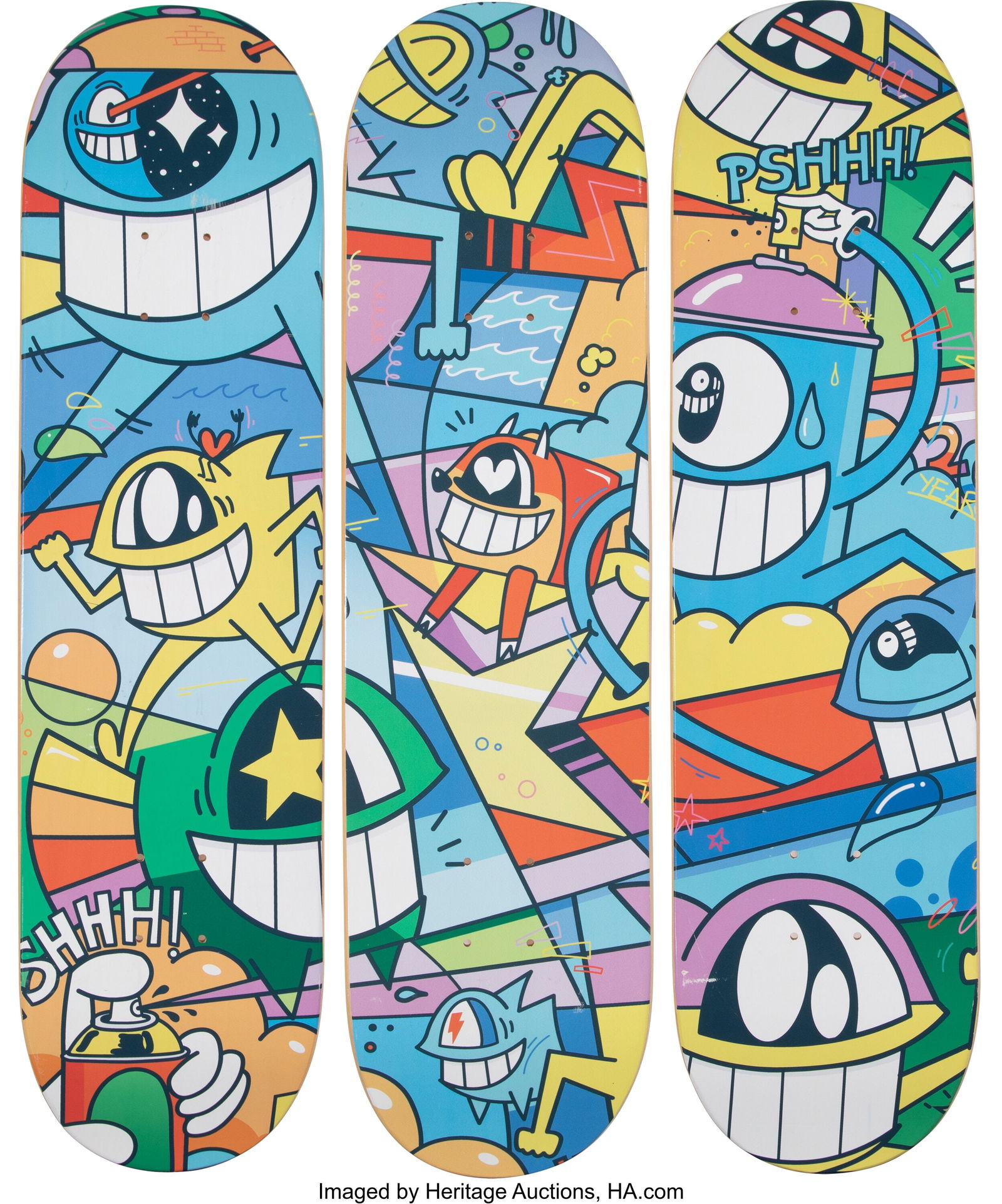 PEZ (b. 1976) 20 Years Smiling With Friends (tri: PEZ (b. 1976) 20 Years Smiling With Friends (triptych), 2020 Archival pigment prints in colors on skate deck 31-1/4 x 8 inches (79.4 x 20.3 cm&r