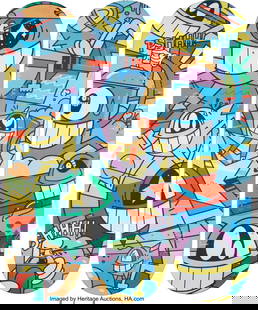 43296: PEZ (b. 1976) 20 Years Smiling With Friends (tri: PEZ (b. 1976) 20 Years Smiling With Friends (triptych), 2020 Archival pigment prints in colors on skate deck 31-1/4 x 8 inches (79.4 x 20.3 cm&r